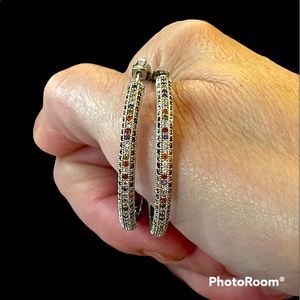 Simulated Multicolored Rhinestones Silver Hoop Earrings, NWOT